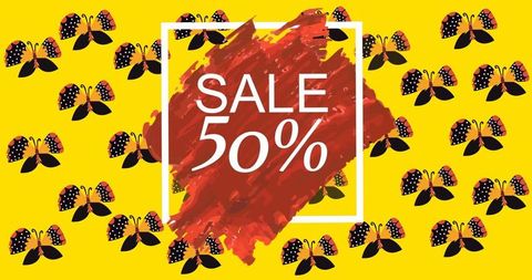 Bright retro 50% sale banner with floral elements