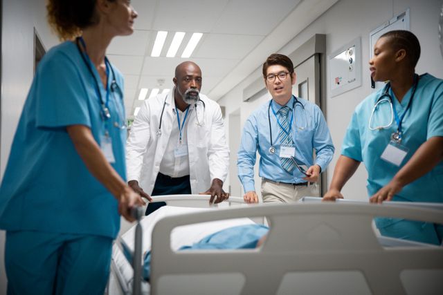 Diverse group of male and female doctors pushing patient in bed in hospital corridor - Download Free Stock Photos Pikwizard.com