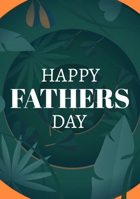 Perfect for Father's Day greeting cards, social media posts, or website banners. Features bold 'Happy Father's Day' text in the center and surrounded by a decorative array of green leaves. The foliage adds a natural and calming theme making it suitable for craftsmen-themed celebrations of fathers.