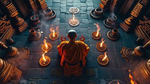 Monk deep in meditation with circling incense braziers in ancient temple