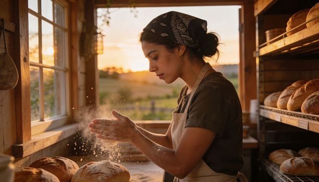 Artisan Baker Dusting Flour on Sourdough Loaves at Rustic Sunlit Bakery During Golden Hour