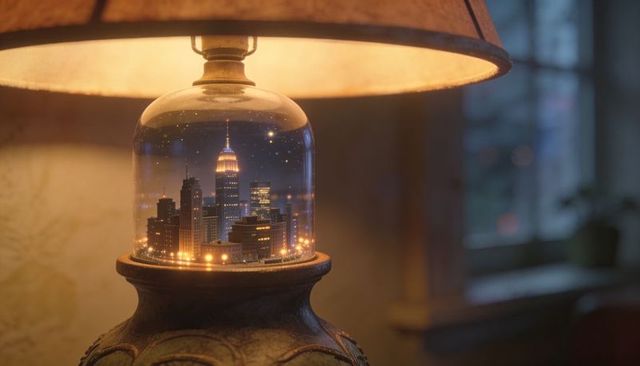 Miniature cityscape encased in glass dome lamp casting warm amber nighttime glow