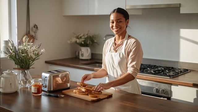 Smiling woman preparing toasted bread on wooden board in sunlit modern kitchen