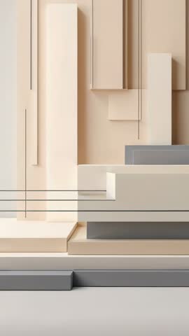 Vertical revealing of abstract sculpture installation with layered panels, slabs and lines