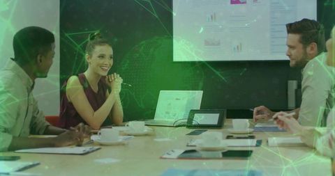 Professionals Analyzing Data with Digital Network Overlay