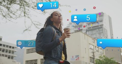 Woman holding coffee in denim jacket with backpack and social media notification overlays