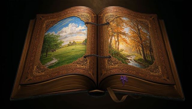 Ornate book displaying dual scenic paintings and vivacious purple flower