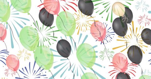 Festive Balloons and Colorful Fireworks Celebration Background