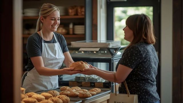 Cheerful Baker Presenting Fresh Round Loaf to Customer in Rustic Bakery