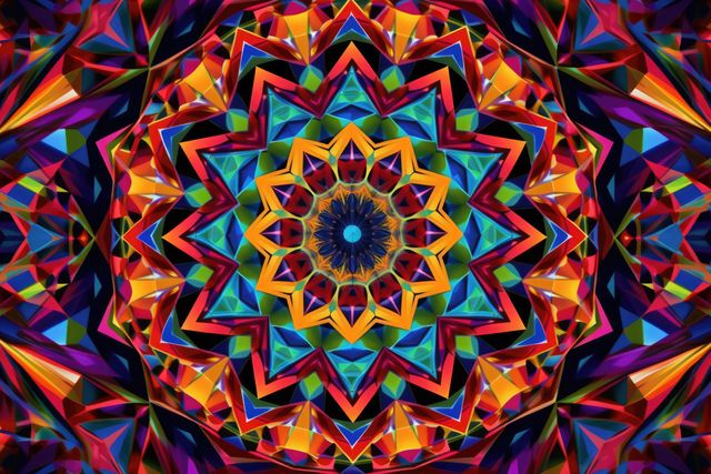 Colorful abstract geometric kaleidoscope design featuring symmetrical and intricate patterns with vivid colors. Perfect for use in digital wallpapers, artistic backgrounds, modern decor, graphic design projects, and textile patterns.