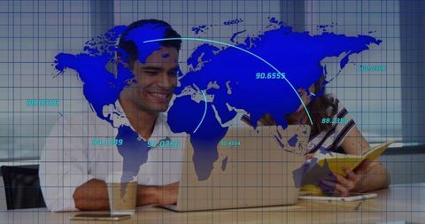 Collaborating on Global Data Visualization with Laptop and World Map Overlay
