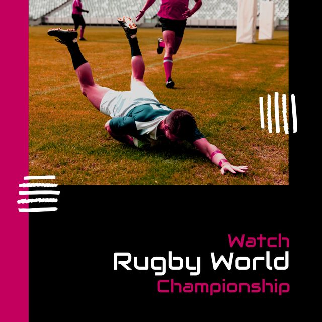 Image of rugby world championship over caucasian male rugby players. Sport, rugby day and competition concept.