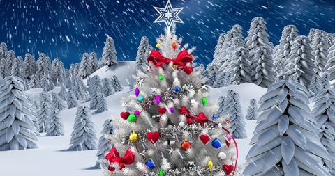 Vibrant Christmas Tree in Snowy Forest at Night