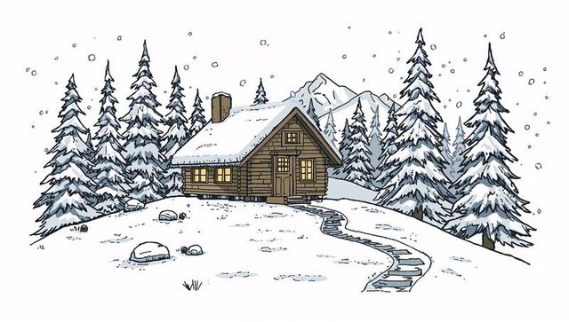 Glowing wooden log cabin sitting on snowy hillside with lit windows and winding stone path