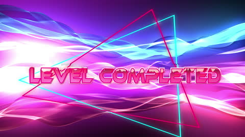 Neon Level Completed Sign with Digital Waves and Triangles