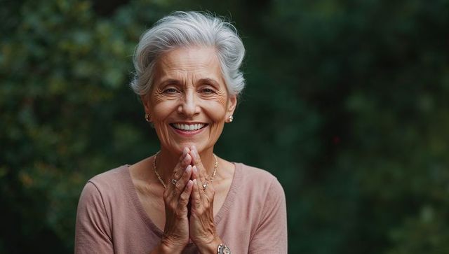 Smiling senior woman enjoying peaceful garden moment hands clasped under chin with jewelry