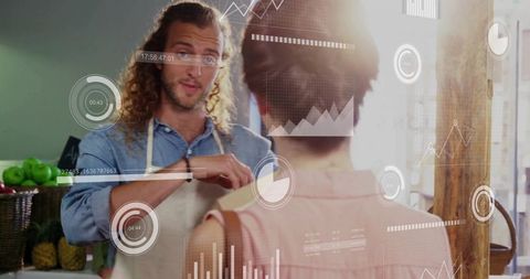 Vendor advises shopper at farmers market with fresh produce