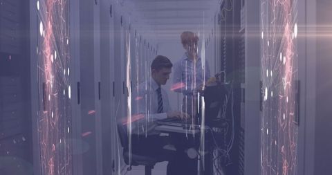 Technicians Collaborating in Data Center with Digital Overlay - Download Free Stock Images Pikwizard.com