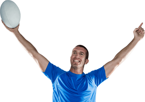 Joyful Rugby Player Celebrating Victory with Ball in Transparent Background