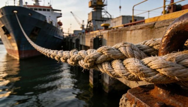 Securing thick mooring rope to rusted bollard at harbor during golden hour showing ship reflection