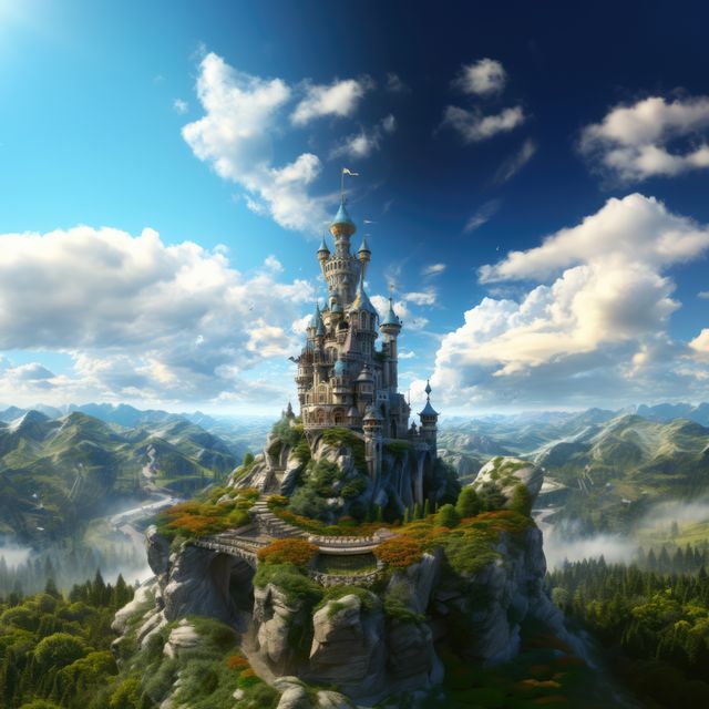 Tower and forest over blue sky with clouds, created using generative ai technology - Download Free Stock Photos Pikwizard.com