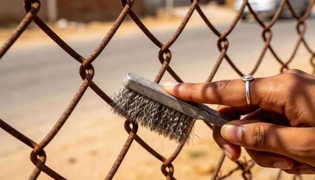 Hand scrubbing rust from chain link fence with wire brush close-up, outdoor maintenance