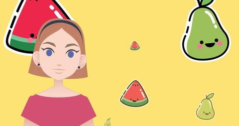 Woman Interacts with Cute Fruit Icons Celebrating Mentoring Month
