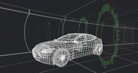Rotating wireframe sports car sliding through curved virtual tunnel with green HUD rings