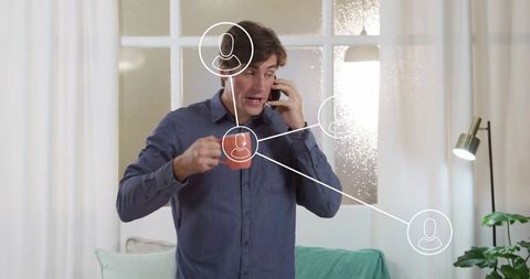 Man talking on smartphone with digital connectivity concept icons