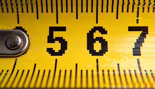 Macro yellow tape measure displaying numerals 5 6 7 with pixelated glitch and rivet
