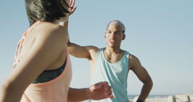 Young Couple Exercising at Beach in Summer - Download Free Stock Images Pikwizard.com