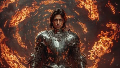 Medieval knights valorous warrior in fiery vortex amidst battle realm