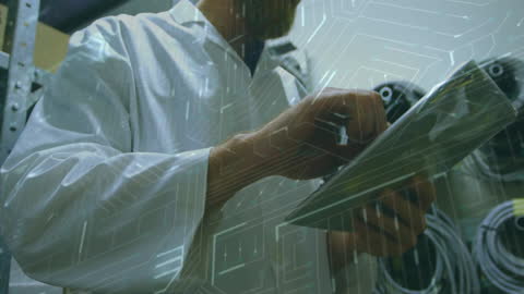 Scientist Using Tablet for Data Processing in Tech Lab