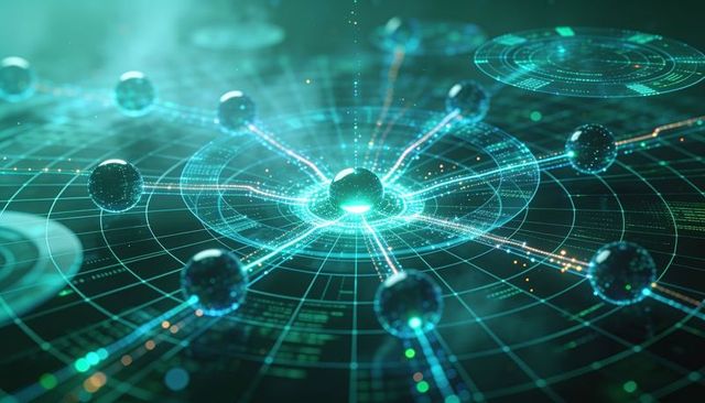 Glowing neural hub connecting holographic nodes on digital grid network visualization