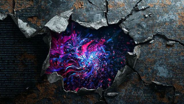 Revealing torn rusted metal panel exposing neon magenta-cyan data vortex and binary code
