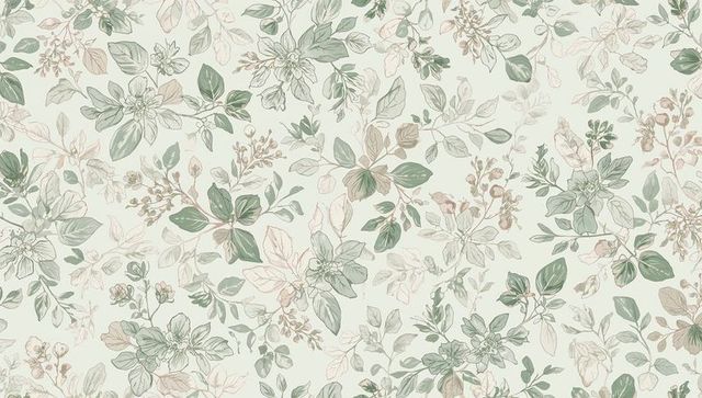 Soft vintage botanical repeat pattern with hand-drawn ink outlines and watercolor washes