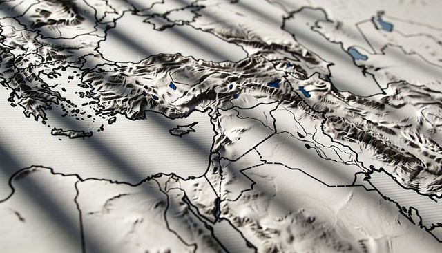 Embossed relief map eastern mediterranean with textured mountains and diagonal shadow bands