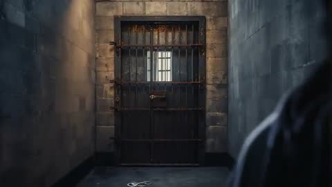 Hooded Figure Approaching Barred Cell Door, Peering Through Narrow Window Light