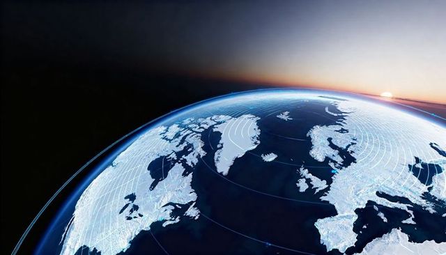 Rotating lit Earth globe revealing Greenland, UK, Scandinavia with cyan grid and sunrise