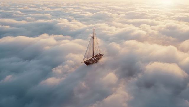 Sailing Survival Vessel Gliding Through Ethereal Cloudscape at Dawn