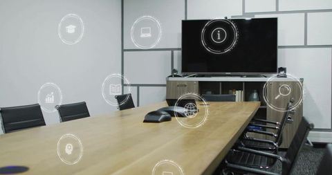 Digital Interface in Modern Conference Room with Data Icons