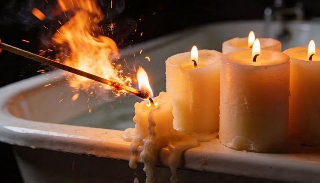 Lighting match igniting pillar candles on bathtub rim, melting wax dripping, warm ambience
