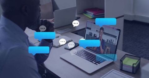 Focused professional african american man having video call, digital communication