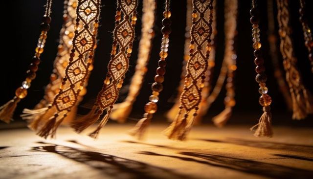 Boho macrame beaded tassel strands catching warm light and casting patterned shadows