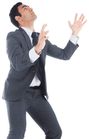 Asian business professional gazing upwards with raised hands on transparent background