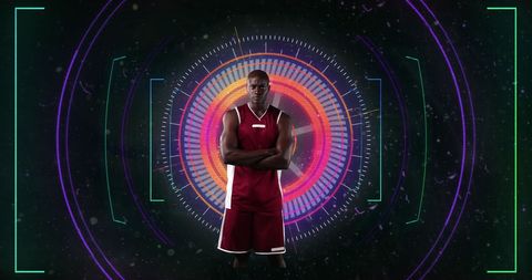 Athletic analysis: african american basketball player with digital overlay