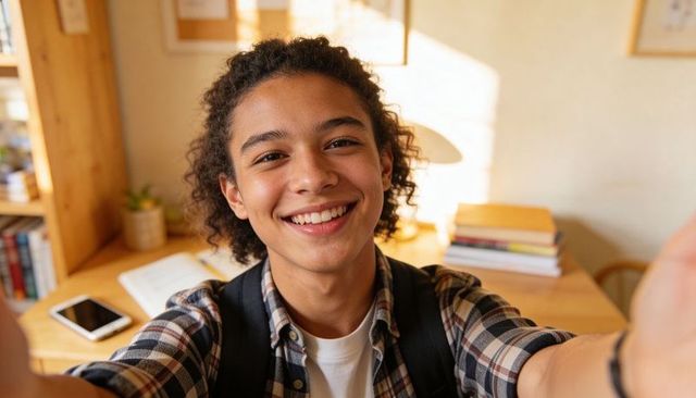 Smiling teen taking selfie at cozy study desk wearing plaid shirt and backpack, books
