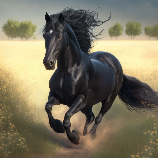 A powerful black horse is running energetically through a bright meadow, creating a dramatic and spirited scene. Perfect for themes related to freedom, nature, wildlife, animal strength, and outdoor adventures. Ideal for use in advertisements, magazines, nature documentaries, motivational posters, and digital artwork.