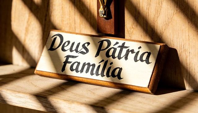 Sunlit wooden plaque reading deus pátria família on home altar shelf