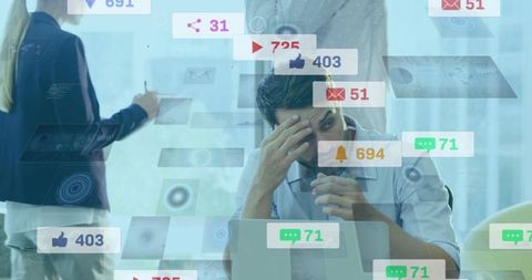 Stressed office worker analyzing digital data with floating icons